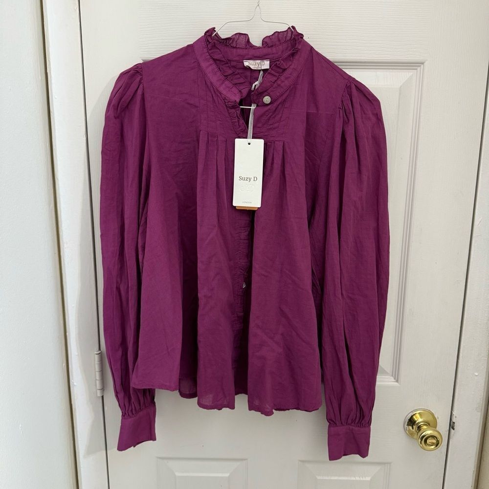 NWT Suzy D London Casey Blouse Size Medium Purple Grape Long Sleeve Ruffles